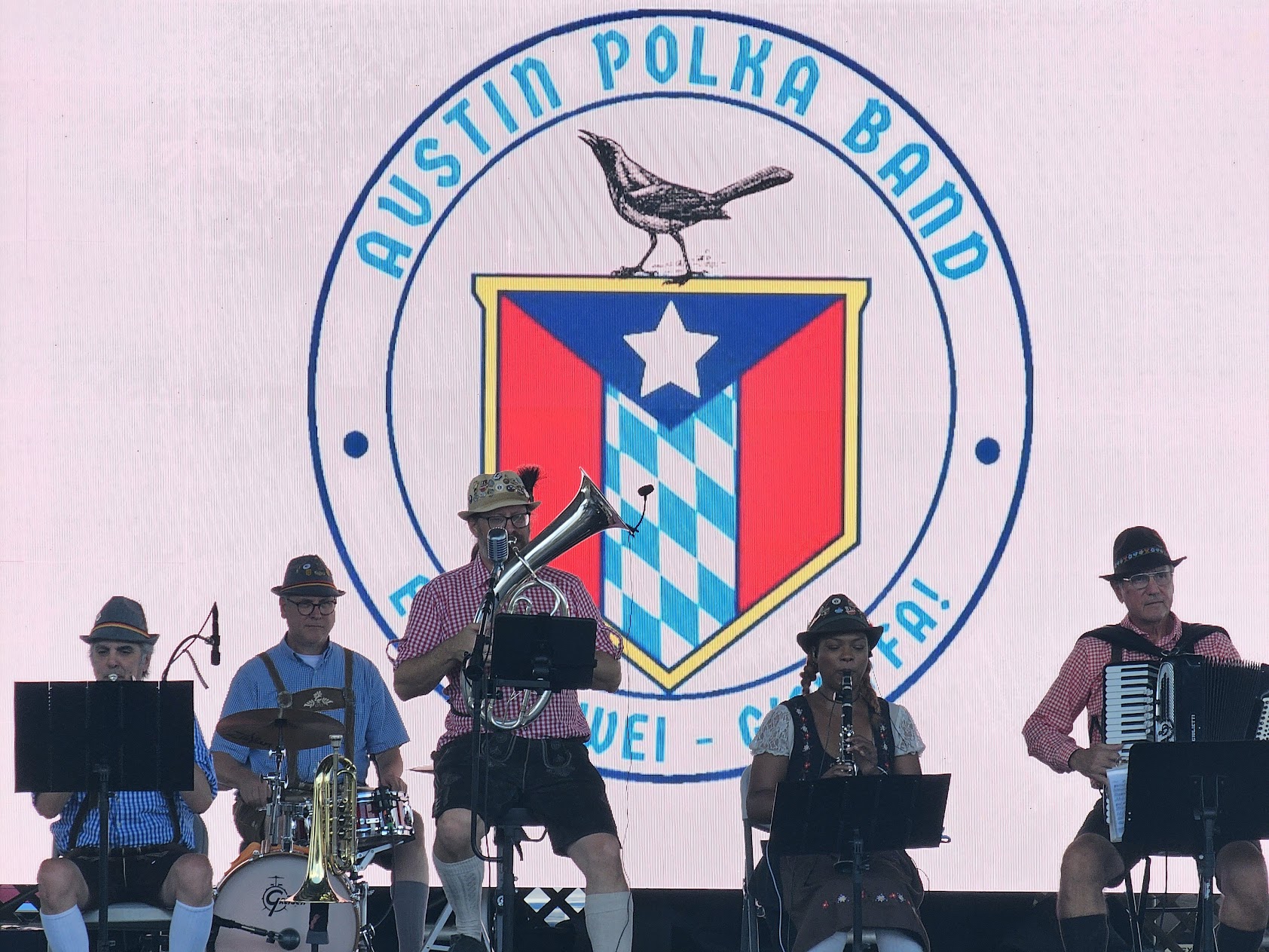 Austin Polka Band on stage in front of a giant grackle seal backdrop